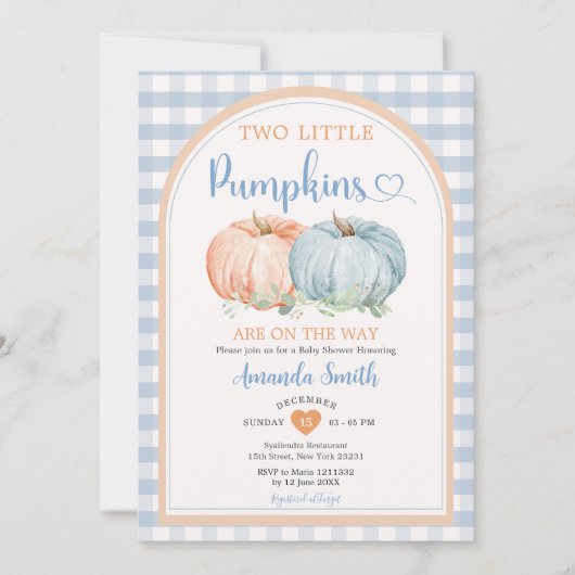 Invitation Deux Petits Citrouilles Bleu En vichy Baby shower  (Devant)