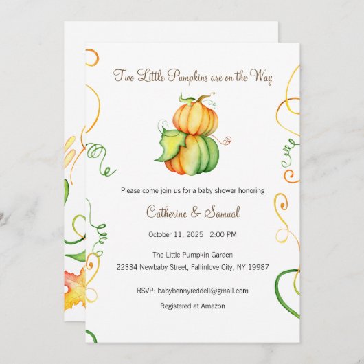 Invitation Deux petits Citrouilles sont en route, bébé (Devant / Derrière)