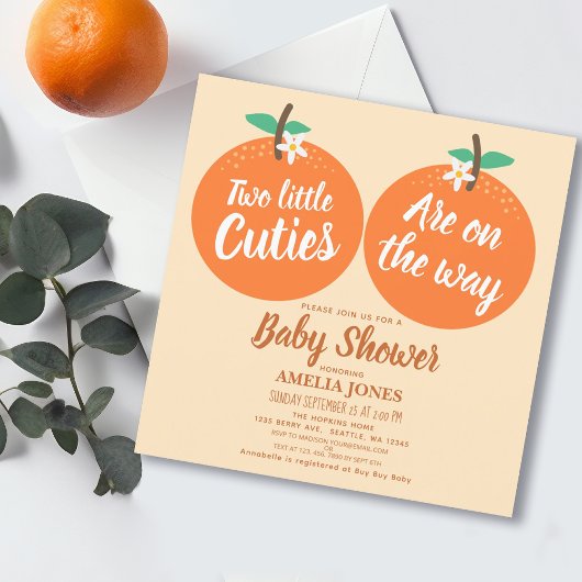 Invitation Deux Petits Cuties Twins Baby shower Orange