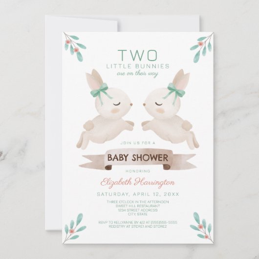 Invitation Deux petits lapins Bunny Baby shower jumeau (Devant)
