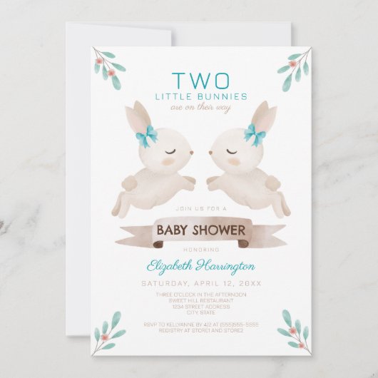 Invitation Deux petits lapins Bunny Twin Boys Baby shower (Devant)