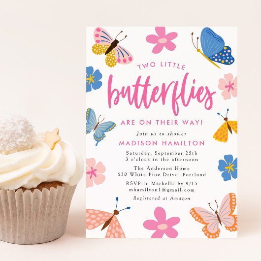 Invitation Deux petits papillons Baby shower jumeau