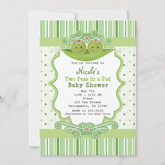 Invitation Deux petits pois dans une pod Twin Girl Baby showe (Devant)