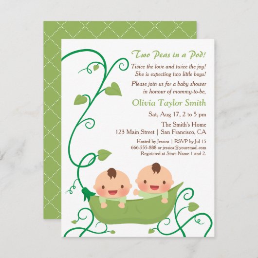 Invitation Deux petits pois dans une poitrine bébé douche Inv (Devant / Derrière)