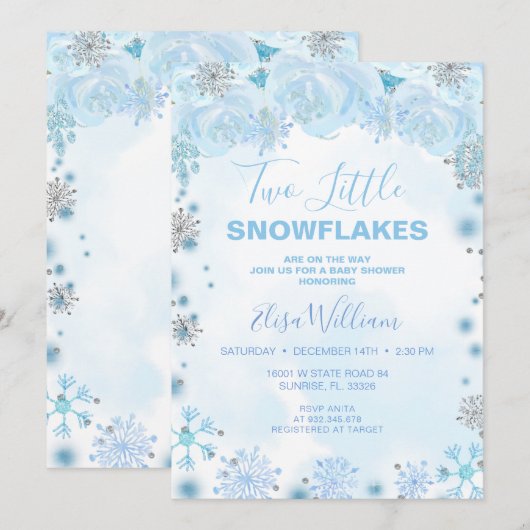 Invitation Deux petits Snowflakes sont en Baby shower (Devant / Derrière)