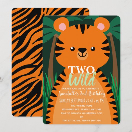 Invitation Deux petits tigres sauvages Deuxième anniversaire (Devant / Derrière)
