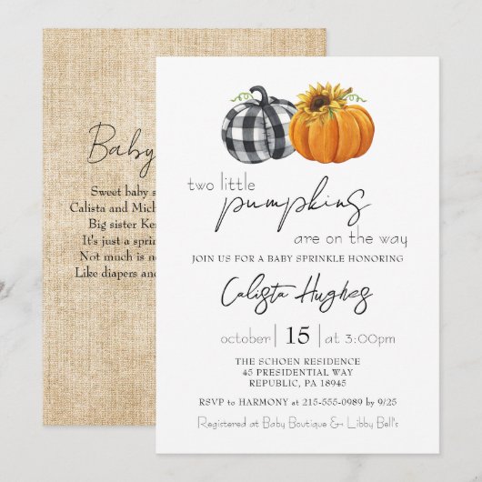 Invitation Deux Petits Tournesol Citrouille Twins Baby Sprink (Devant / Derrière)