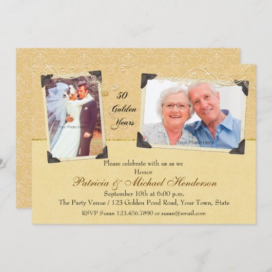 Invitation Deux Photo Golden Anniversary Damask (Devant / Derrière)