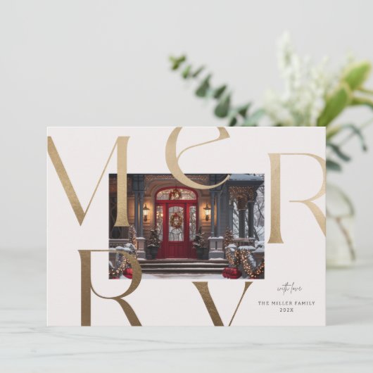Invitation Deux Photos Personnalisées Gold Merry Élégante Typ (Debout devant)