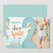 Invitation Deux plumes de la tribu des Boho sauvages garçon d (Devant / Derrière)