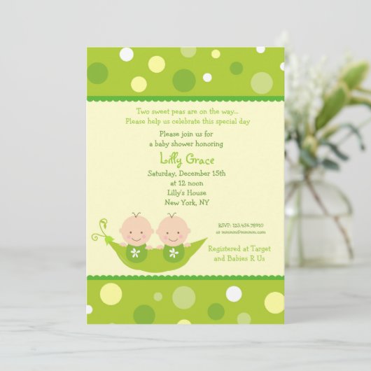Invitation Deux Pois Dans Une Pod Twins Baby Shower Invitatio (Debout devant)