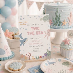 Invitation Deux pour la mer Mignon Fille aquarelle rose 2e an