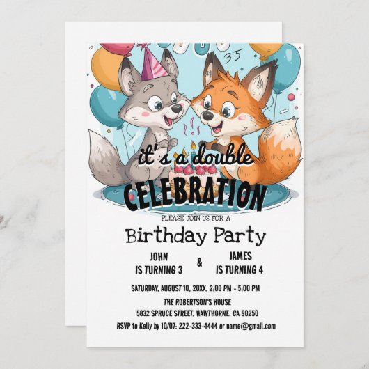 Invitation Deux renards et ballons Double fête d'anniversaire (Devant / Derrière)