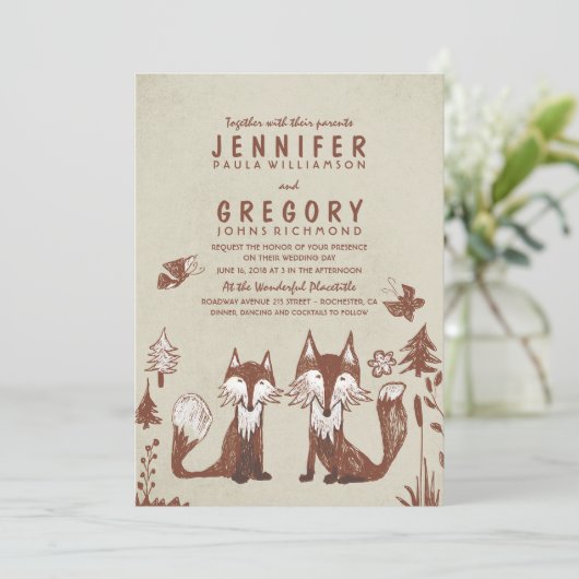Invitation Deux renards Mariage de bois (Debout devant)