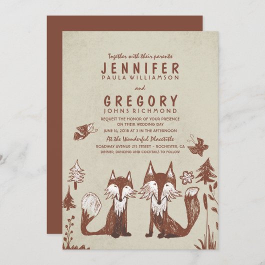 Invitation Deux renards Mariage de bois (Devant / Derrière)