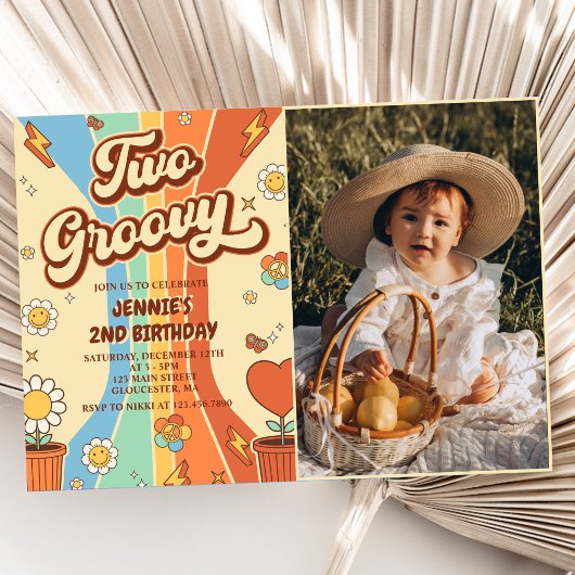 Invitation Deux Retro Super Rainbow 2e fête d'anniversaire Ph