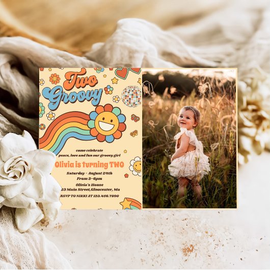 Invitation Deux Retro Super Rainbow 2e fête d'anniversaire Ph