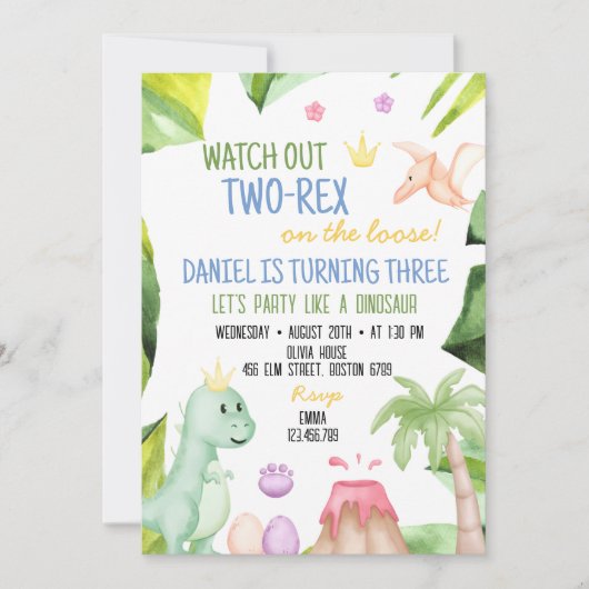 Invitation Deux Rex Boy dinosaure 2ème anniversaire invitatio (Devant)