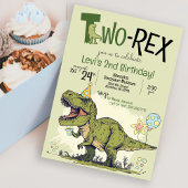 Invitation Deux Rex Cute Dinosaur Caricature 2e fête d'annive