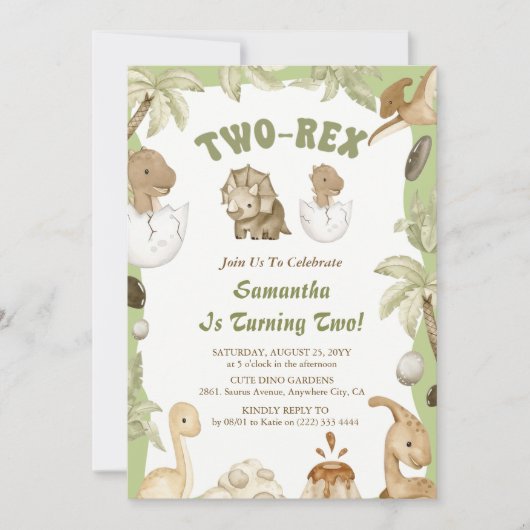 Invitation Deux Rex Dinosaur Boy 2e fête d'anniversaire (Devant)