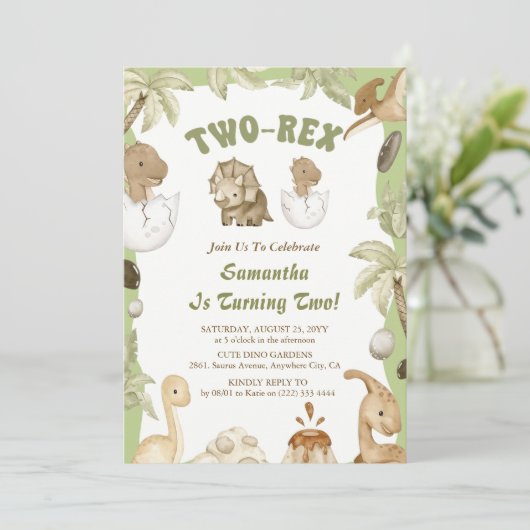 Invitation Deux Rex Dinosaur Boy 2e fête d'anniversaire (Debout devant)