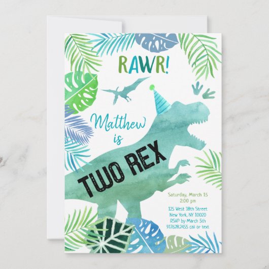 Invitation Deux Rex Dinosaur Verdure Anniversaire (Devant)