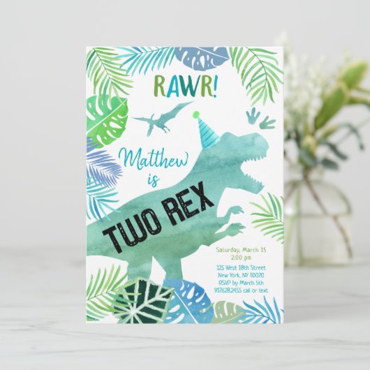 Invitation Deux Rex Dinosaur Verdure Anniversaire (Debout devant)