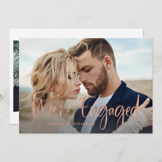 Invitation Deux Rose photo en or Script | Fêtes de fiançaille (Devant / Derrière)