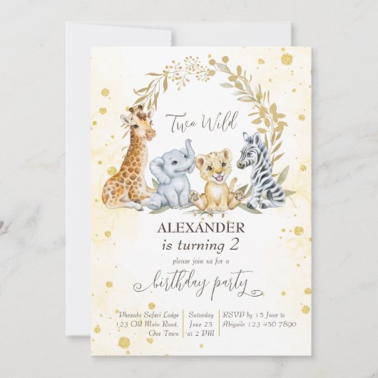 Invitation Deux safari dans la jungle d'or sauvage animaux fê (Devant)