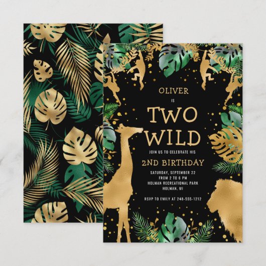 Invitation Deux Safari sauvage 2e anniversaire Black Green Go (Devant / Derrière)