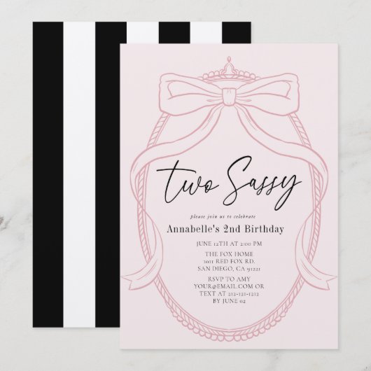 Invitation Deux Sassy Pink Tiara & Bow Girl 2e anniversaire (Devant / Derrière)