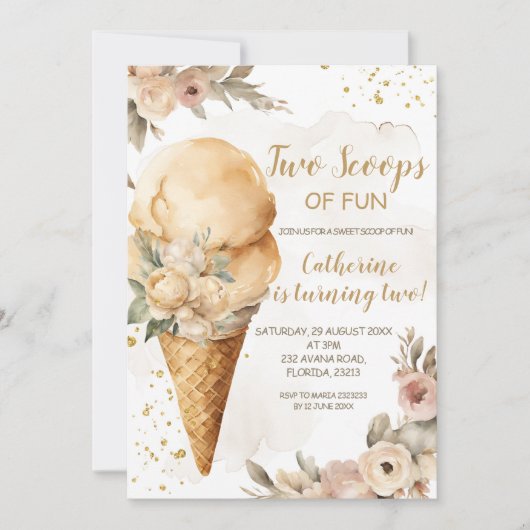 Invitation Deux Scoops De Fun Beige Floral 2ème Anniversaire (Devant)