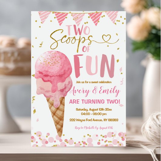 Invitation Deux Scoops De Glace Rose Fun Fête Anniversaire