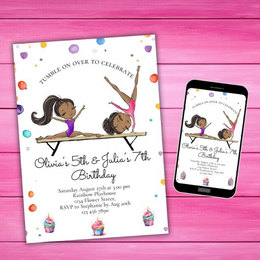 Invitation Deux soeurs jumelles Gymnastique Anniversaire