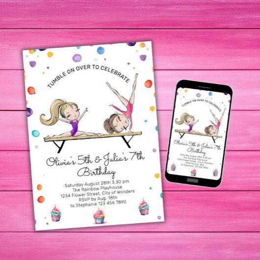 Invitation Deux soeurs jumelles Gymnastique Anniversaire