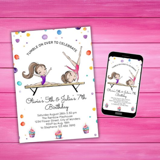 Invitation Deux soeurs jumelles Gymnastique Anniversaire