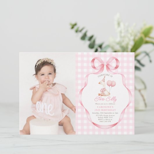 Invitation Deux sottes oie rose Bow Girl 2e anniversaire Phot (Debout devant)