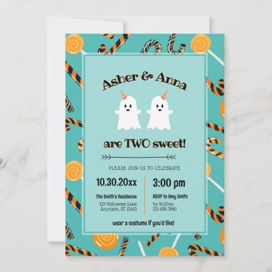 Invitation Deux sucré Halloween Candy Ghost Twin 2e anniversa (Devant)