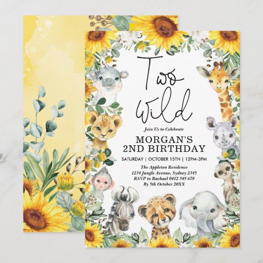 Invitation Deux Sunflower Wild Safari Animaux 2e anniversaire (Devant / Derrière)