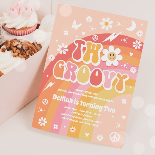 Invitation Deux Super 2e anniversaire Peace Love Party Rainbo