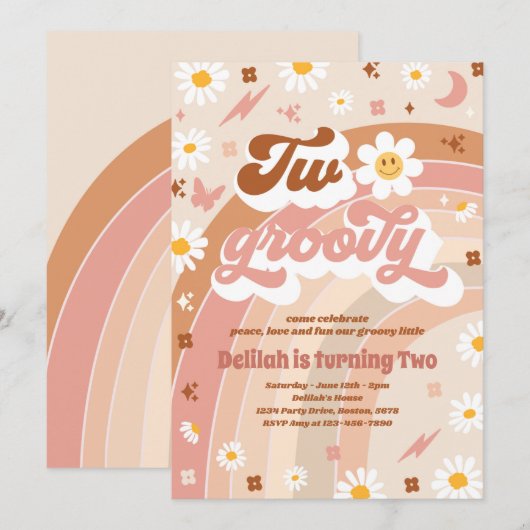 Invitation Deux Super 2e anniversaire Peace Love Party Rainbo (Devant / Derrière)