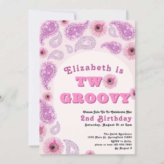 Invitation Deux Super 2e anniversaire Pink Paisley Flower Pow (Devant)