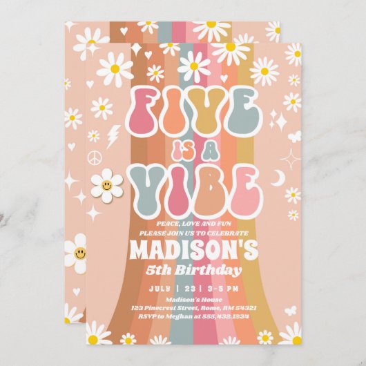 Invitation Deux Super 5e anniversaire Rainbow Peace Love Part (Devant / Derrière)