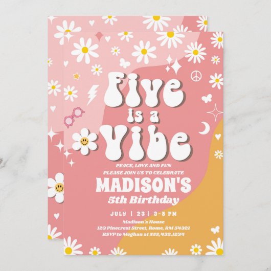 Invitation Deux Super 5e anniversaire Rainbow Peace Love Part (Devant / Derrière)