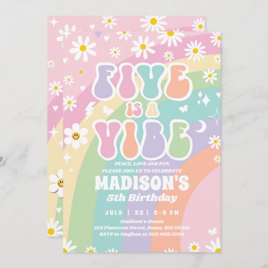 Invitation Deux Super 5e anniversaire Rainbow Peace Love Part (Devant / Derrière)