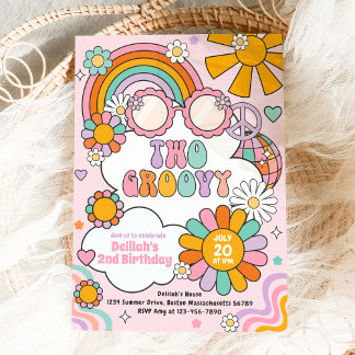 Invitation Deux Super les années 70 Fleur Power Rainbow fête