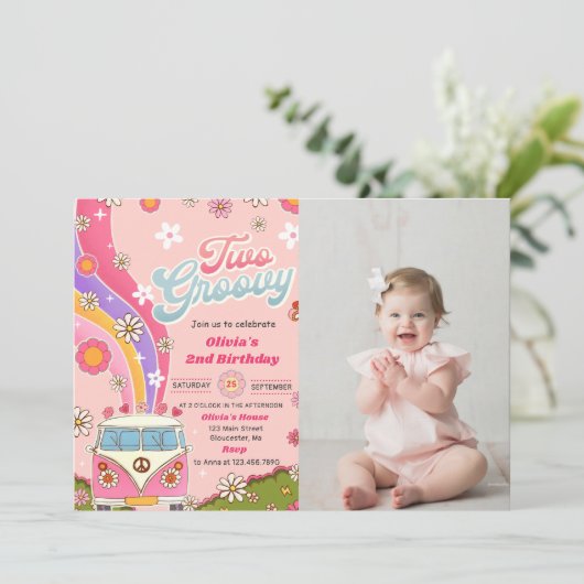 Invitation Deux Super Rainbow Floral 2e fête d'anniversaire P (Debout devant)