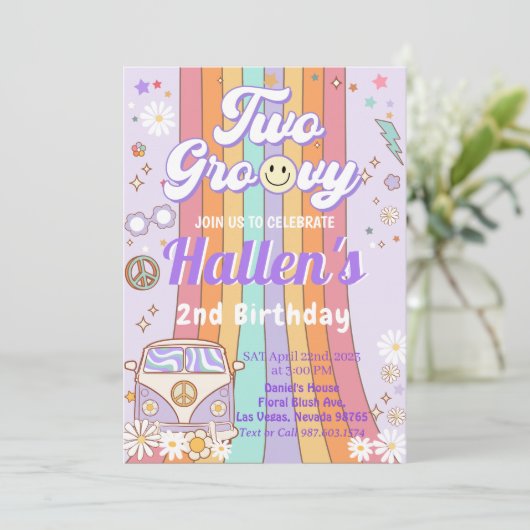 Invitation Deux Super Retro Daisy Rainbow 2e anniversaire (Debout devant)