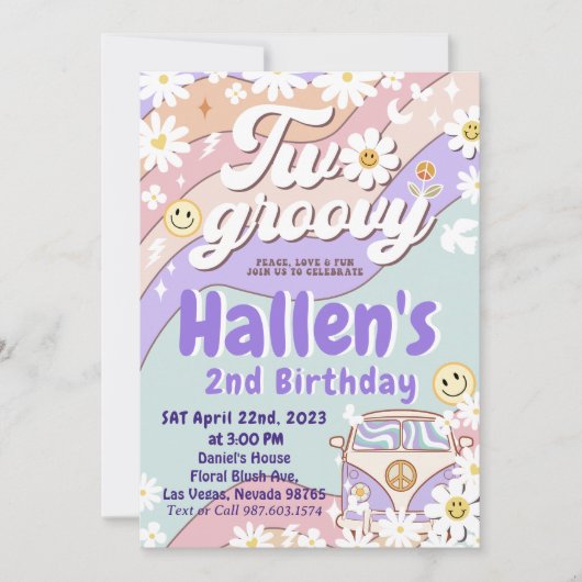 Invitation Deux Super Retro Daisy Rainbow 2e anniversaire (Devant)