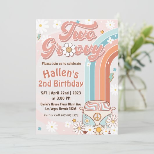 Invitation Deux Super Retro Daisy Rainbow 2e anniversaire (Debout devant)